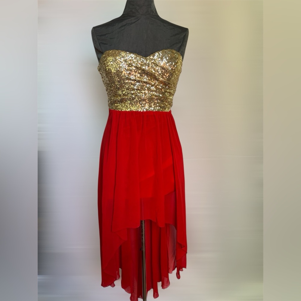 Elegant Gold and Red Strapless 
Hi-Low Prom Dress, Size 5/6